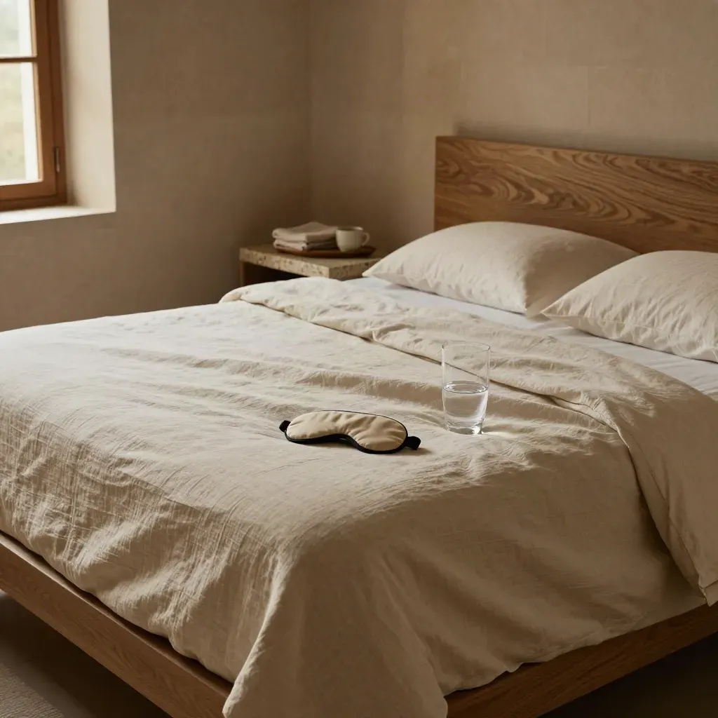 Letto in lino con mascherina, bicchiere d’acqua e vassoio in una stanza serale calma