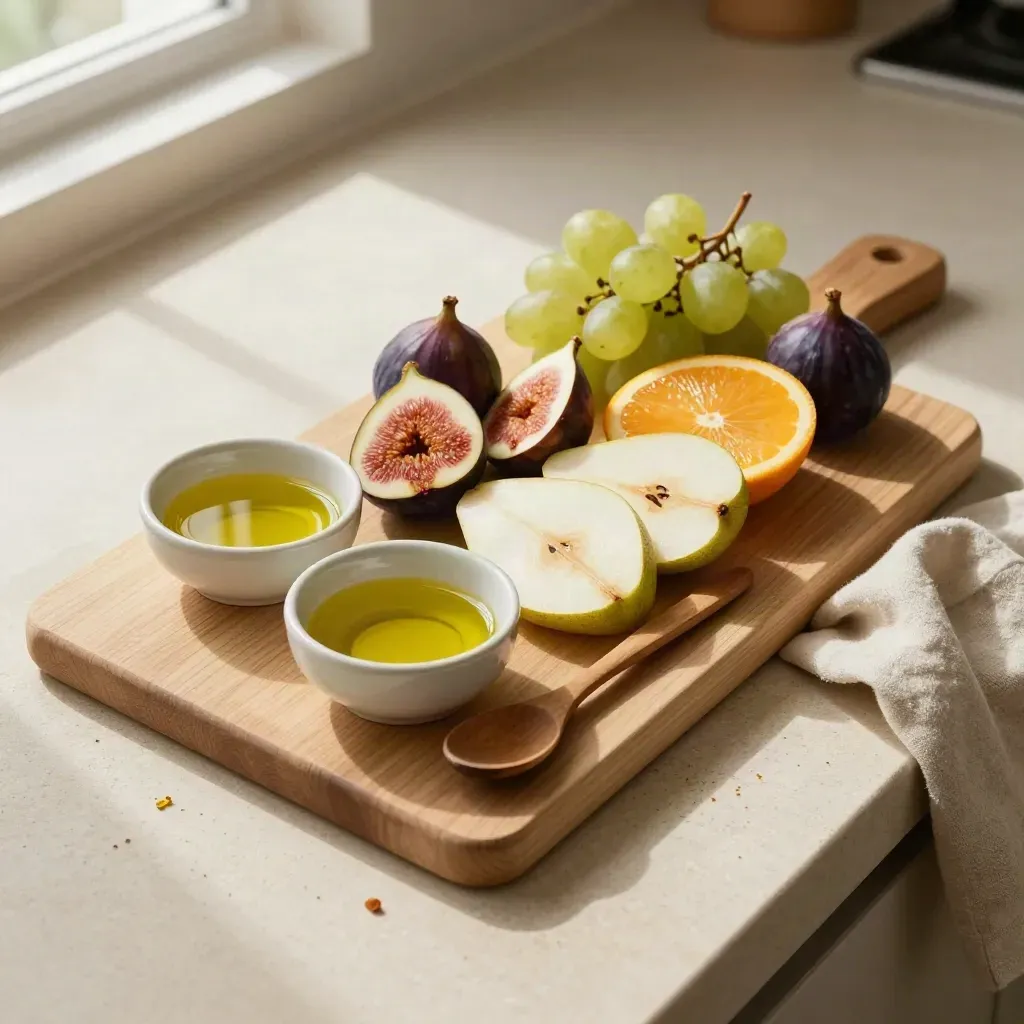 Frutta di stagione, ciotole in ceramica e olio d’oliva su tagliere in cucina, vista dall’alto.