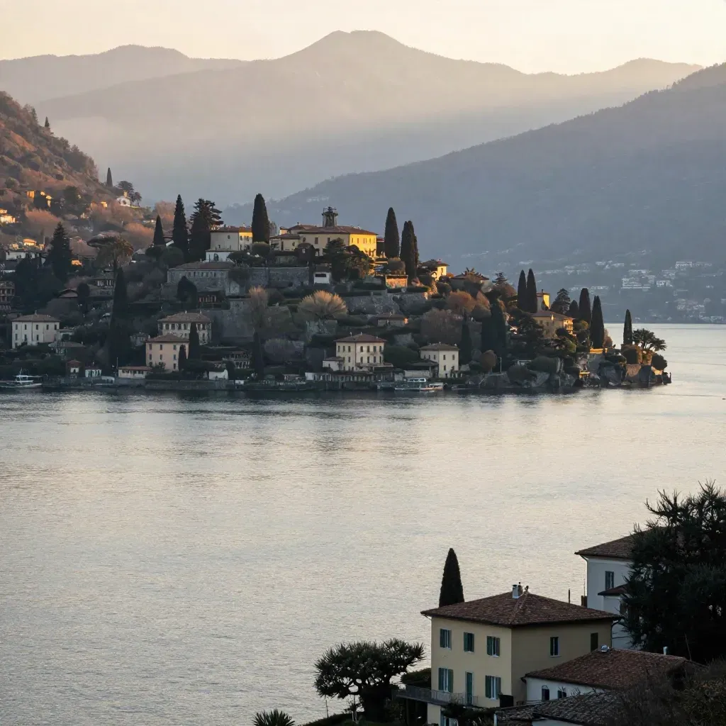 Lago di Como all’alba con Bellagio alta nel quadro e acqua calma in primo piano.