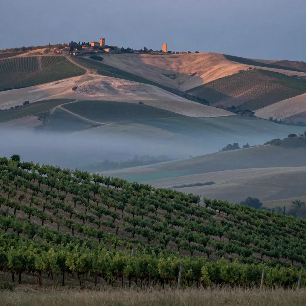 Colline dell’Appennino emiliano-romagnolo al crepuscolo, con torri lontane e foschia leggera